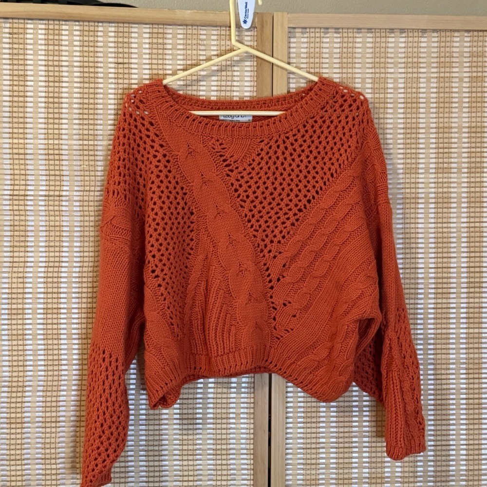 Ebby And I Womens M Crop Sweater Boat Neck Burnt Orange Boho Preppy‎ Streetwear